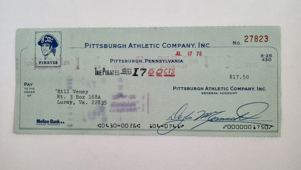 Bill Veney: 1978 Pittsburgh Pirates Expense Check