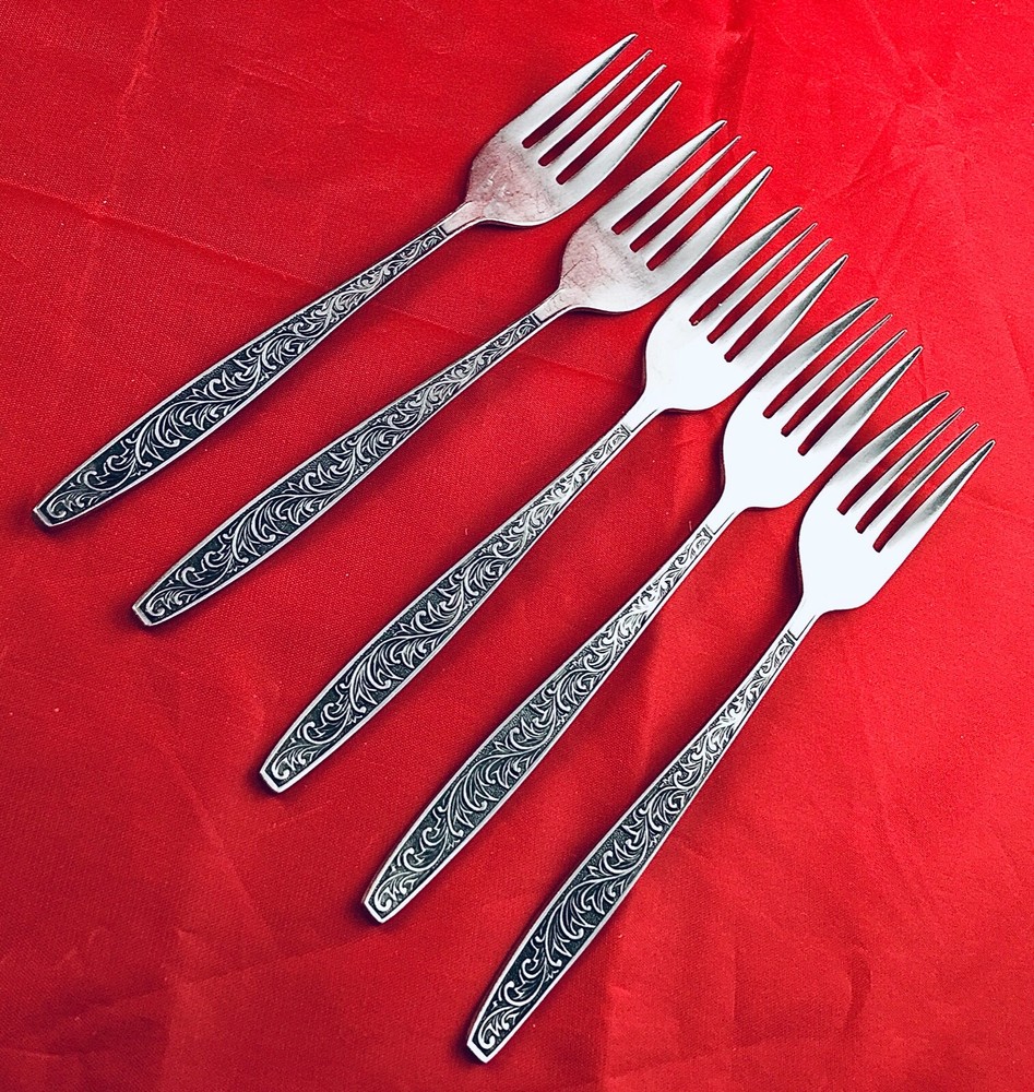 5 UNF262 DINNER FORKS SCROLLS BLK ACCENT UNKNOWN MAKER VTG JAPAN RETIRED HTF