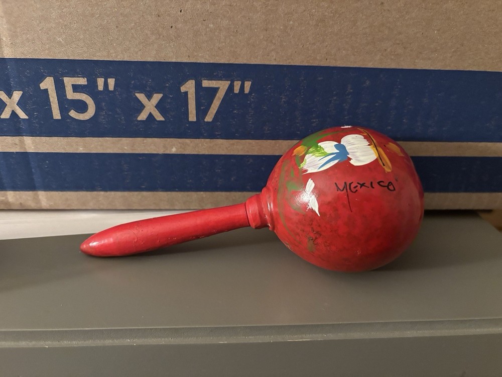 Hand-Painted Red Wood Maraca from Mexico