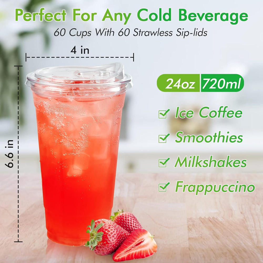 60 PACK 24 Oz Clear Plastic Cups with Strawless Sip through Lids, Disposable, fo