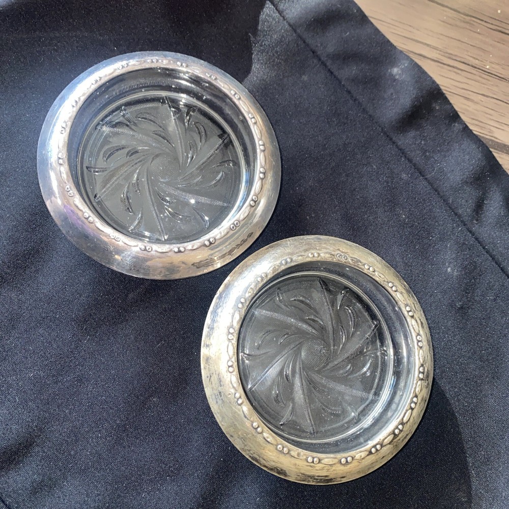 AMSTON STERLING SILVER COASTERS VINTAGE CRYSTAL
