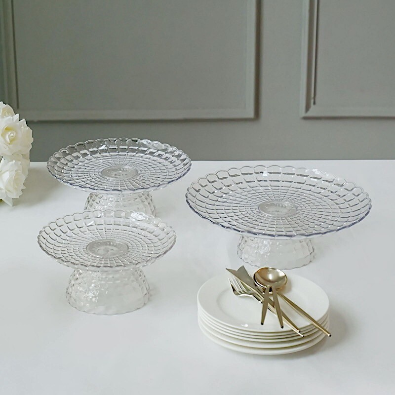 Clear 3 Plastic Stackable Pedestals Pressed Design Cupcake Stands Set Party Home