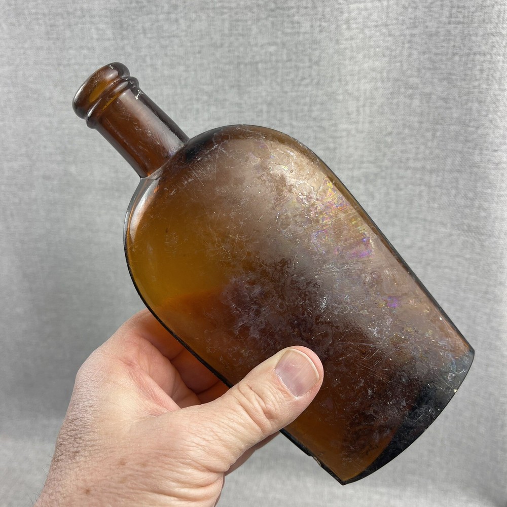 Amber Strap Side Whiskey Flask "194" Embossed Base