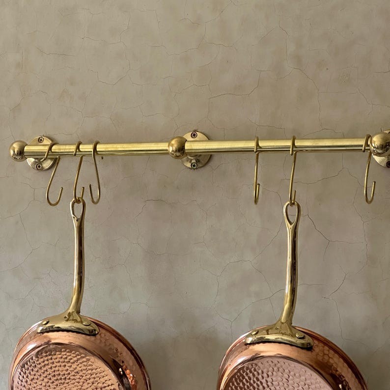 Solid Brass Hanging Pot Rack – Antique Brass Kitchen Rail with Hooks, Wall-Mount