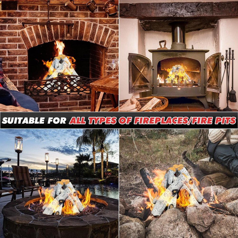 Realistic Birch Ceramic Fireplace Logs - 6 Pack for Fire Pits