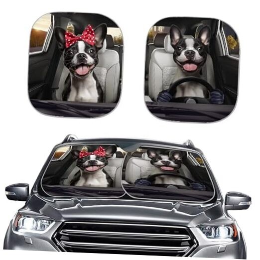 Sunshade Visor 2 Pack Car Windshield Sun Shade Foldable 2-Piece Boston Terrier