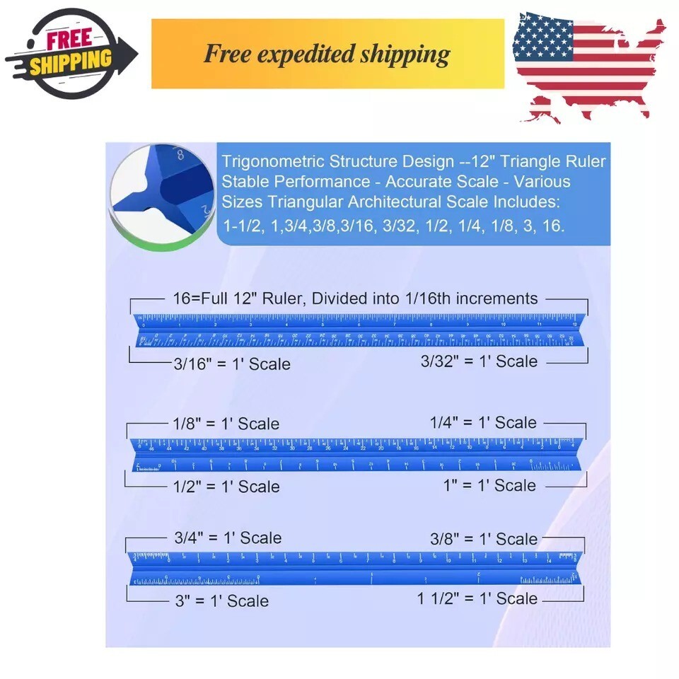 Architectural Scale Ruler, 12'' Imperial Architect Scale, Aluminum Engineer Scal
