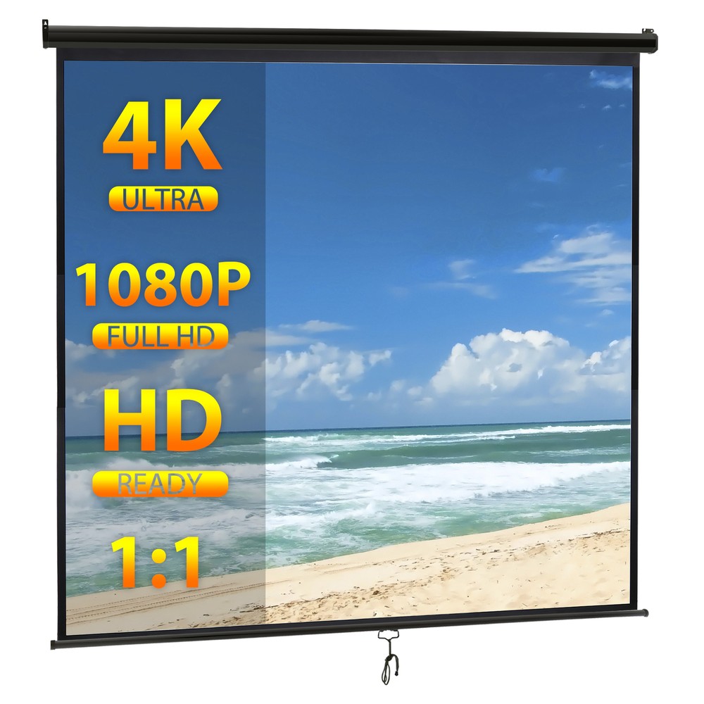 Manual Pull Down Projector Screen 84" X 84" Format HD Home Theater Black