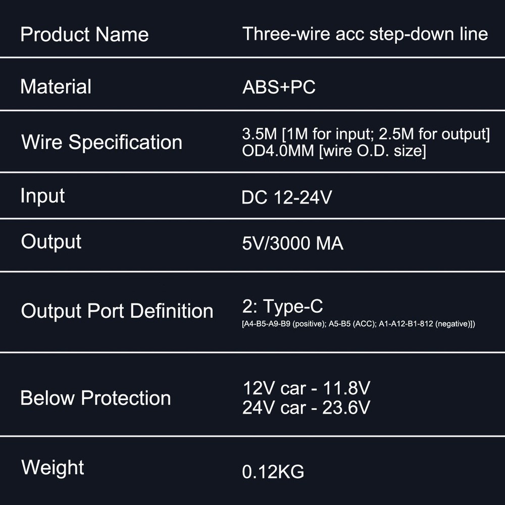 12-24V to 5V 3A Type-C Step-down Cable Suitable For Type-c Interface Recorders