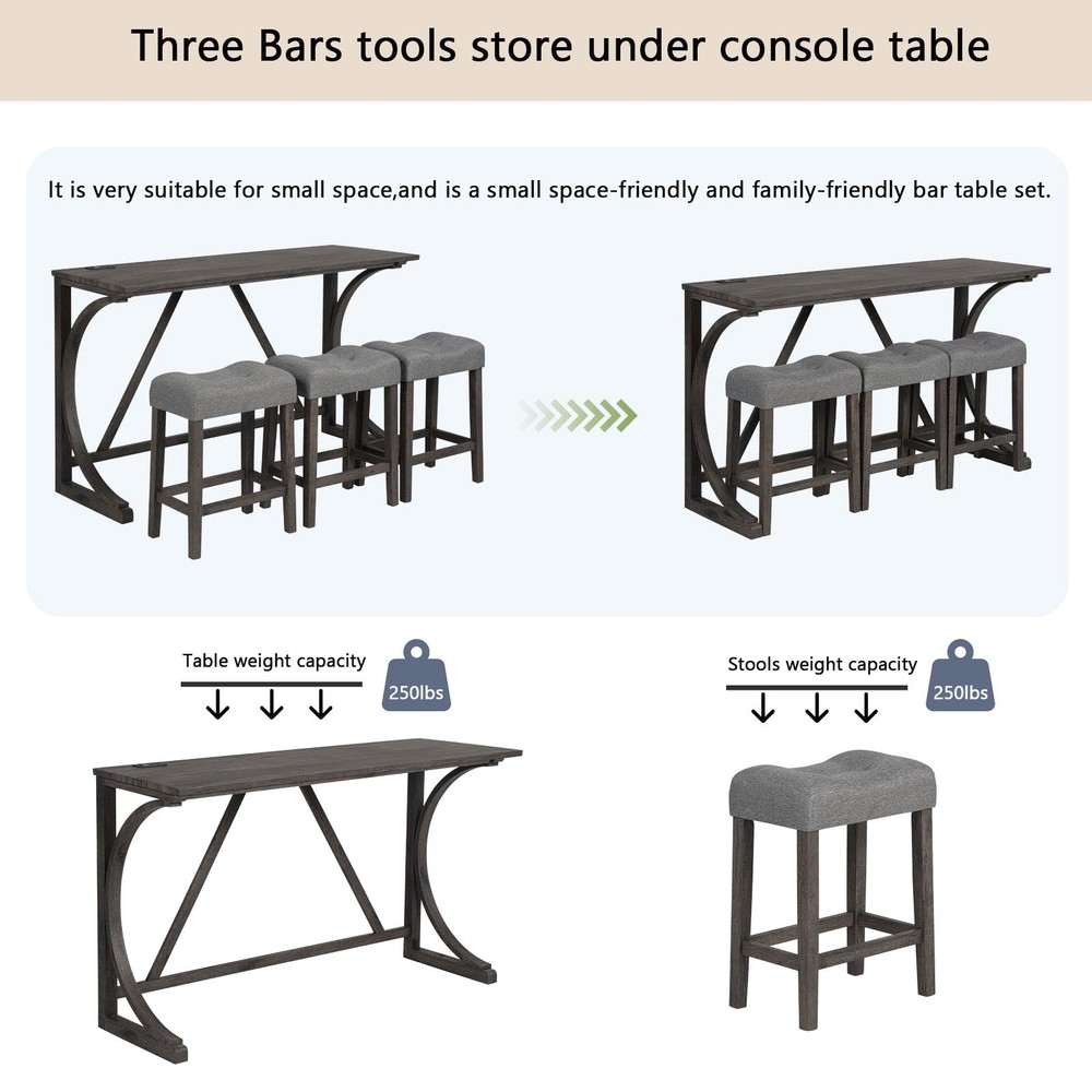 4 Piece Bar Table Set with USB Port, Kitchen Table with 3 Upholstered Stools,...