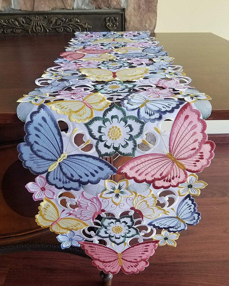 Easter Table Runner Spring Embroidered Applique Floral Butterfly Cutwork Table L