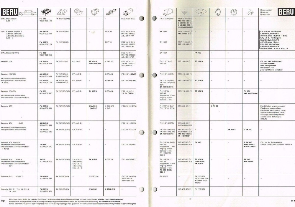 Beru radio interference suppression kits, orig. 1970s Brochure
