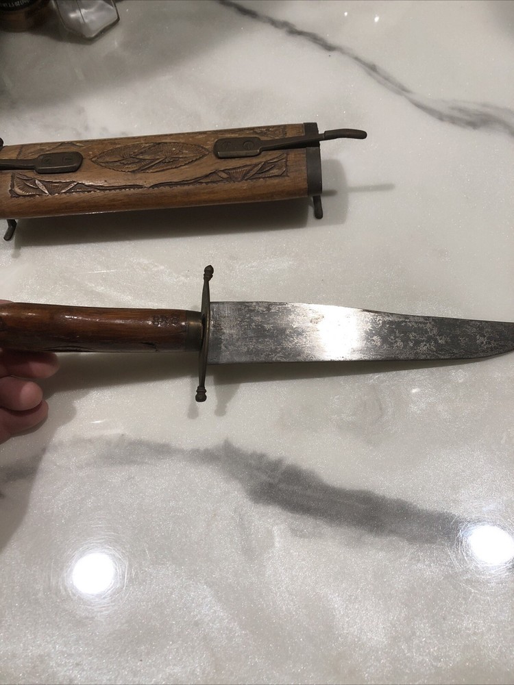 Vintage Knife & Fork Set Hand Carved Wood & Brass Case India. Missing Handle