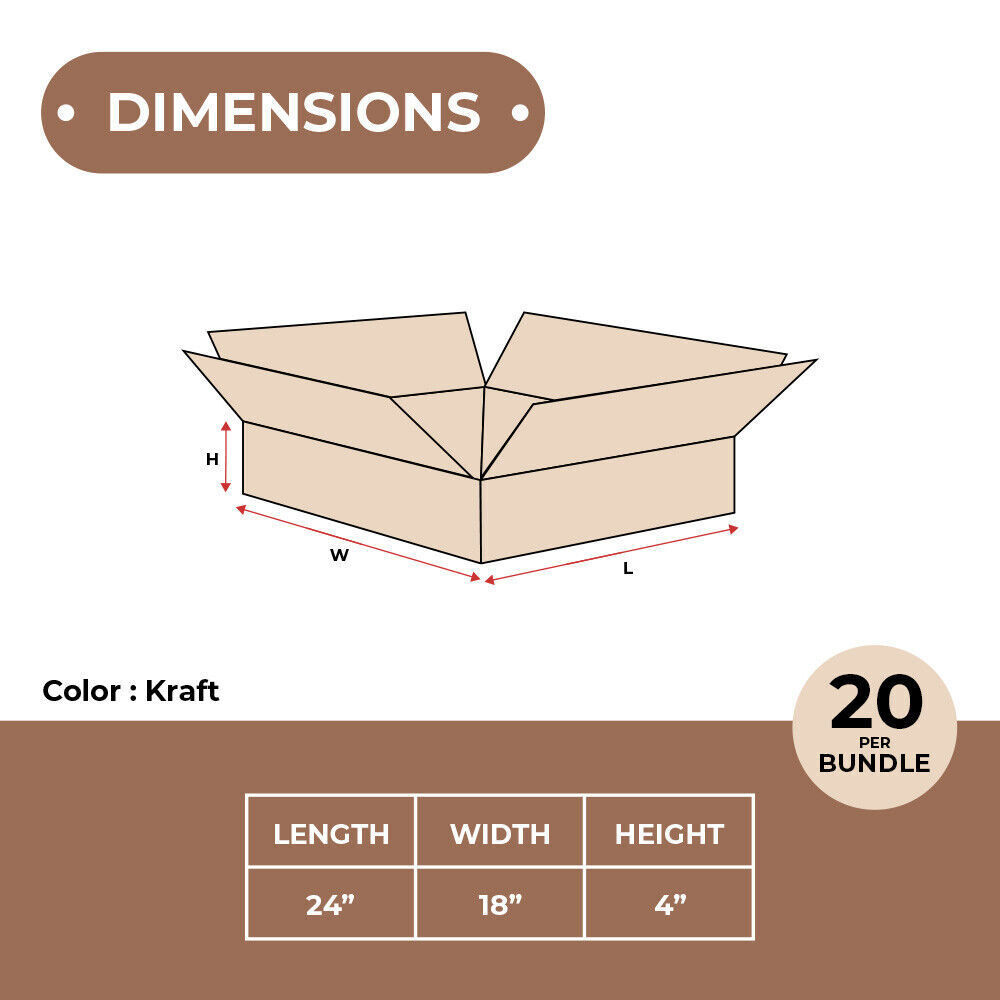 24x 18 x 4" ECT-32 20 Pack Kraft Corrugated Boxes
