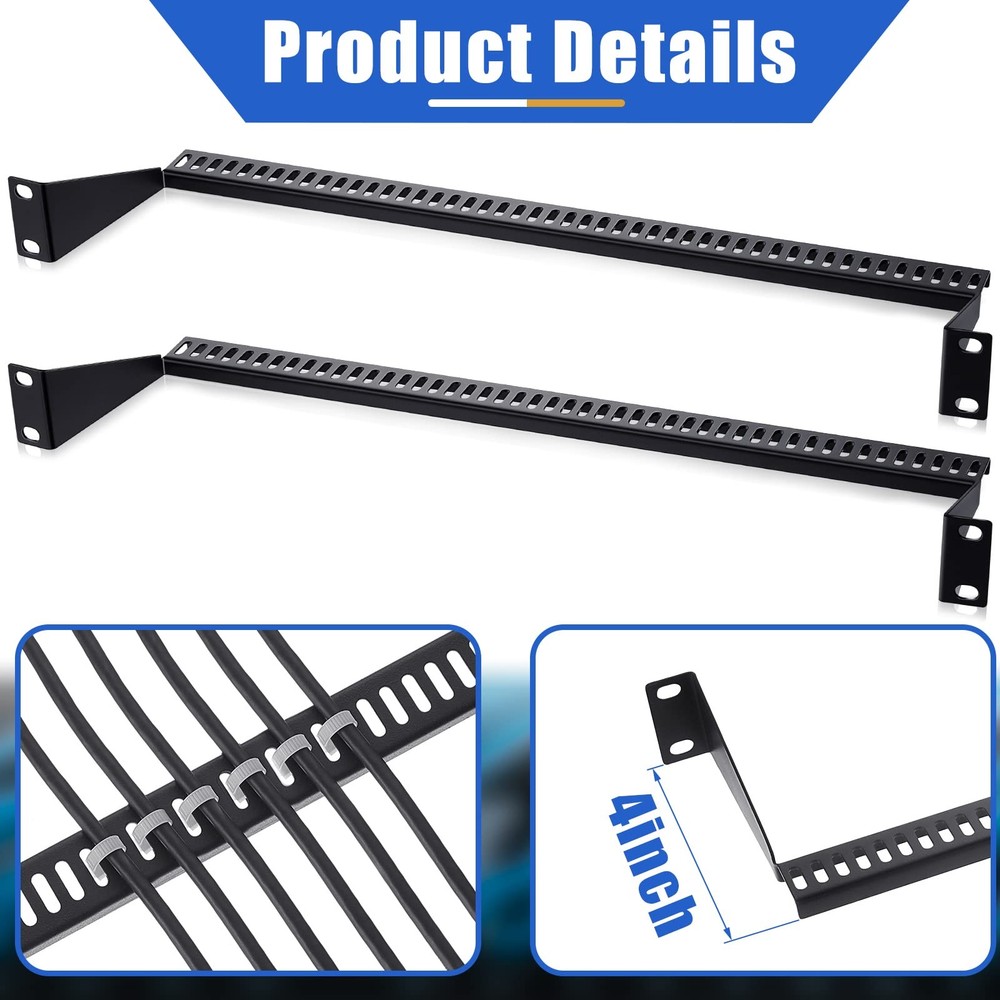 2 Pcs 1U Horizontal 19 Inch Rack Mount Cable Management Support Bar Bracket C...