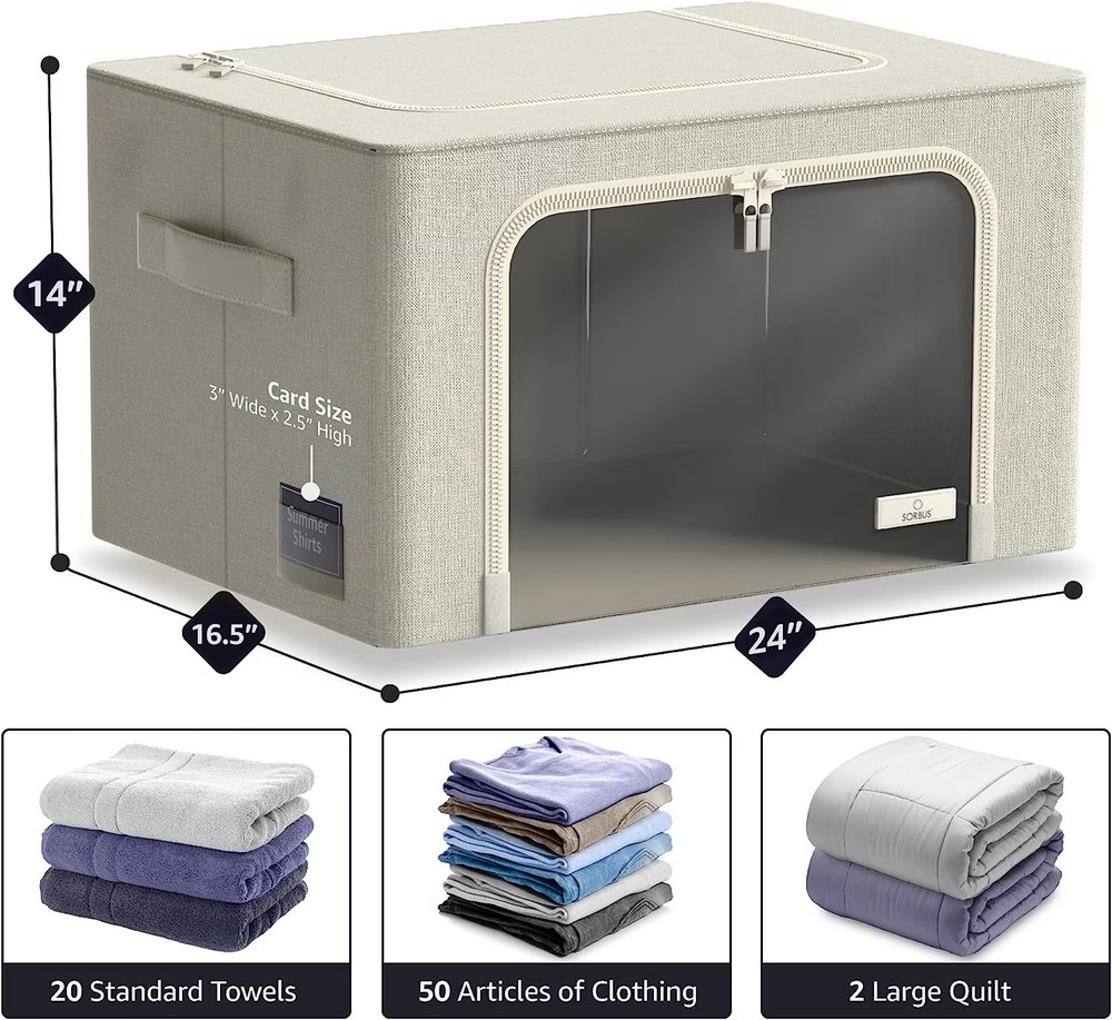 Stackable Foldable Jumbo Storage Bin with Metal Frame for Bedding and Clothes