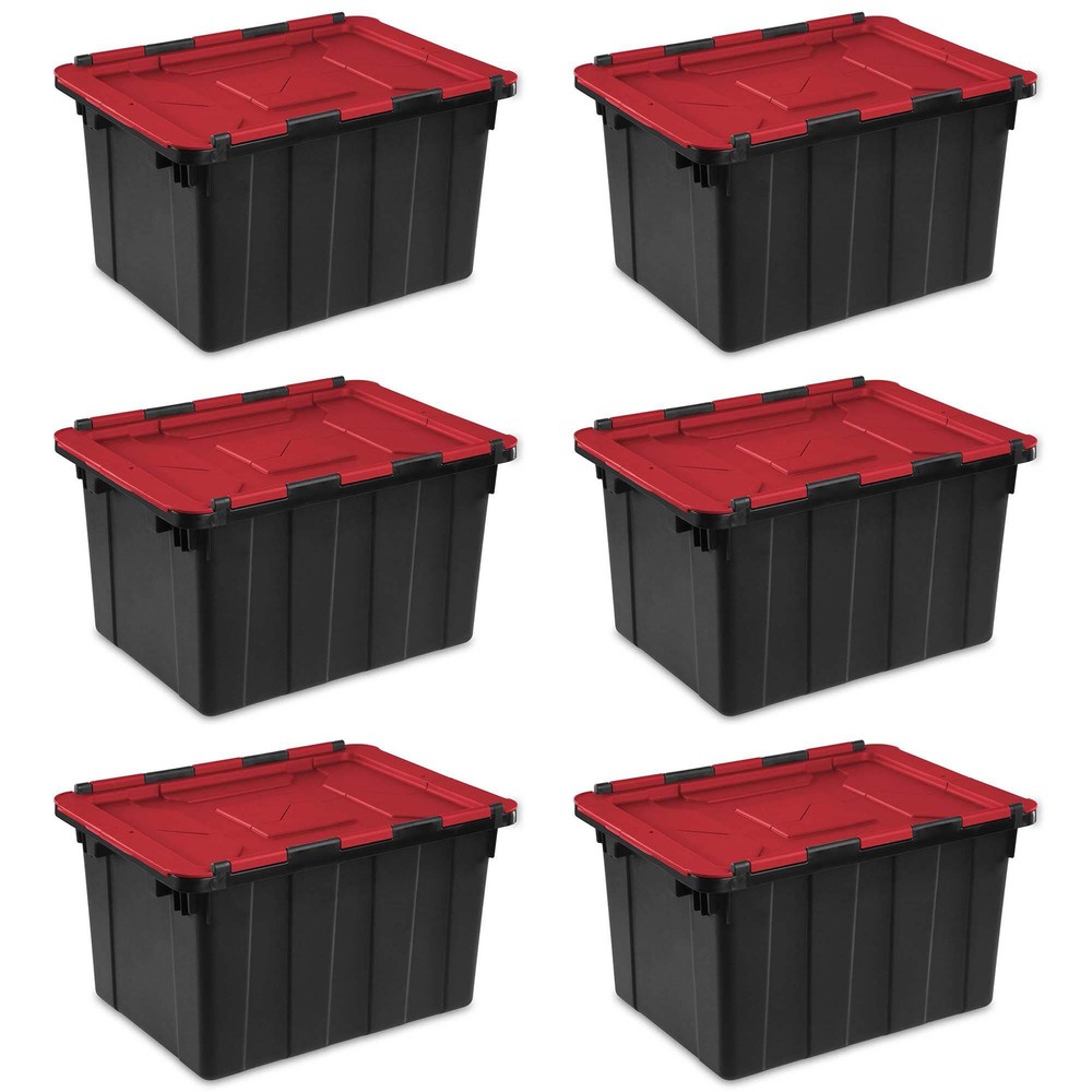 Sterilite 12 Gallon Hinged Lid Industrial Tote, Stackable Storage Bin, 6 Pack