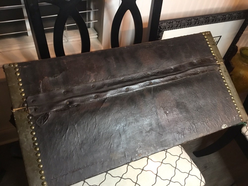 AUTHENTIC ANTIQUE PORTUGESE STUDDED LEATHER STORAGE TRUNK