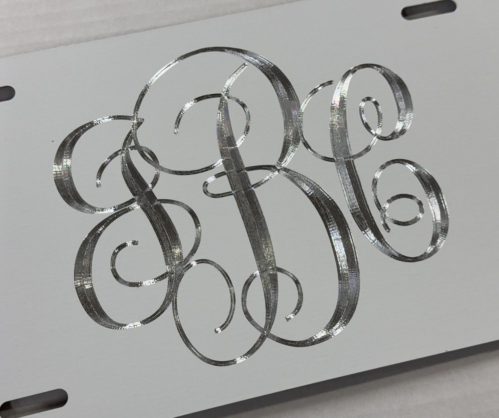 Engraved Custom Personalized Monogram Diamond Etched White License Plate Car Tag