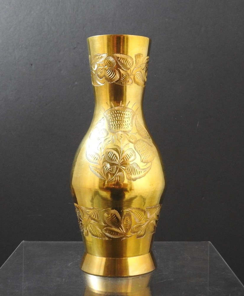 Vintage Solid Brass Etched Leaf Design Vase Numbered India 10" W13