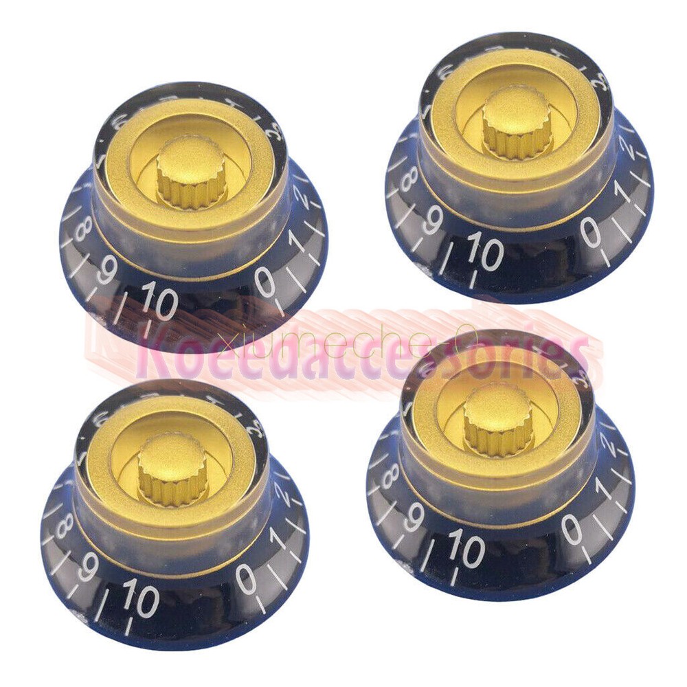 4 X Guitar Bass Bell Top Hat Knobs Speed Control Knobs for Les Paul Black w/Gold