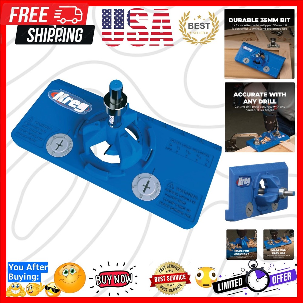 KHI-HINGE Concealed Hinge Jig – Precision Cabinet Door Hinge Tool – Drill Gui...