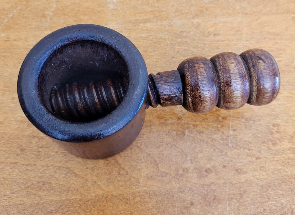 Vintage Solid Wooden Screw Nutcracker Pipe Shaped Nut Cracker Removable Handle