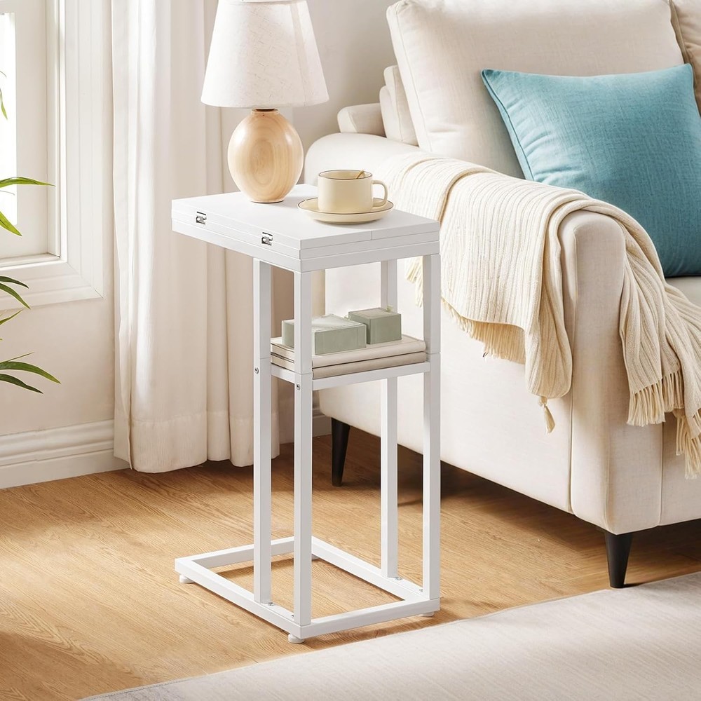 Small Snack Table Foldable End Table C Shaped Side Table W/ Storage Shelf