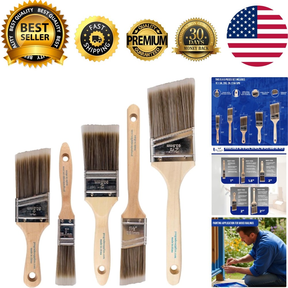 Paint Brushes, 5-Piece Paint Brush Set, Flat & Angle Brushes for Walls, Trim,...