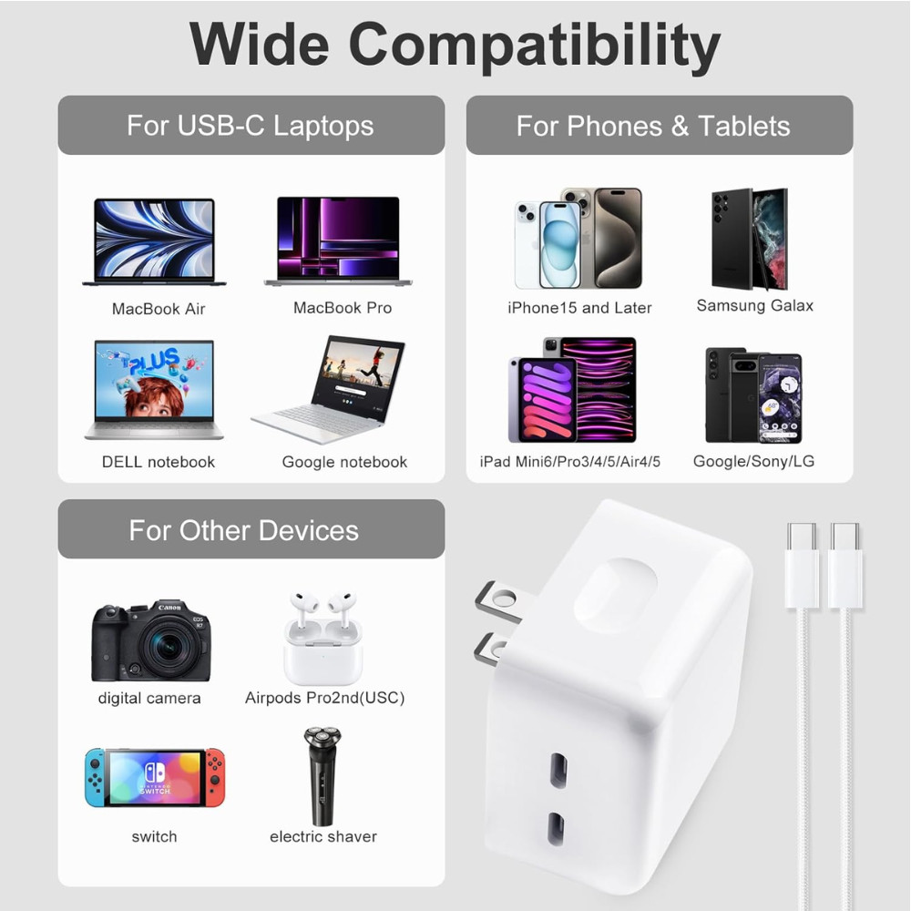 35W Fast Wall Charger Brick USB C Type C Cable For Android iPhone 15 Pro Macbook
