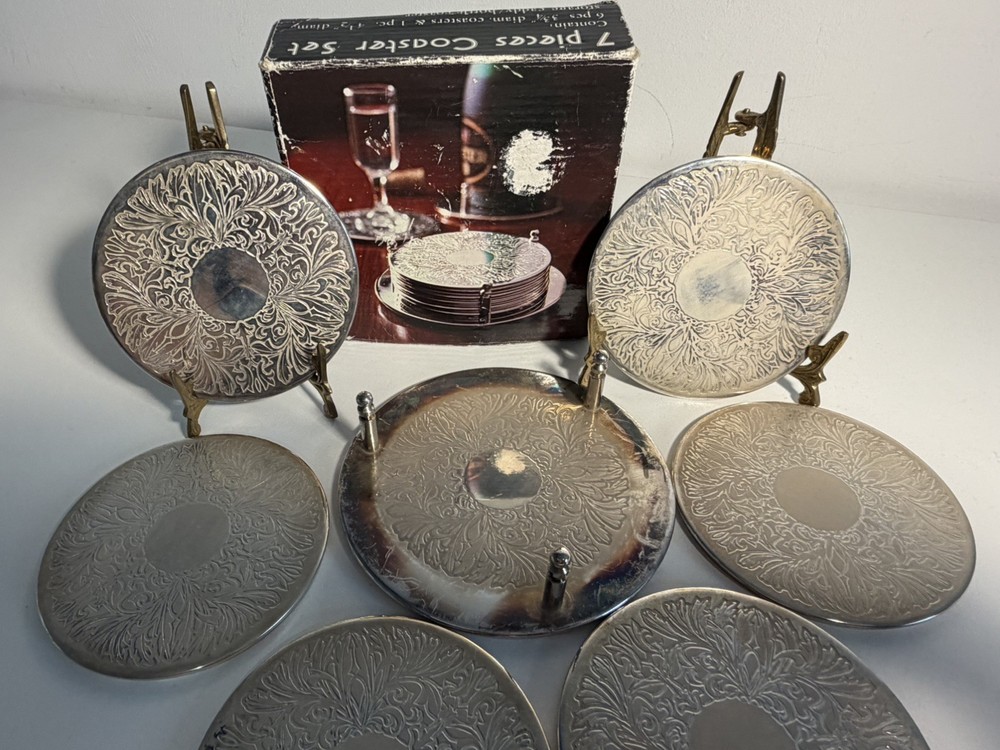 7 Pieces Coaster Set Silver Plated Deeply Engraved Design Boxed Vintage