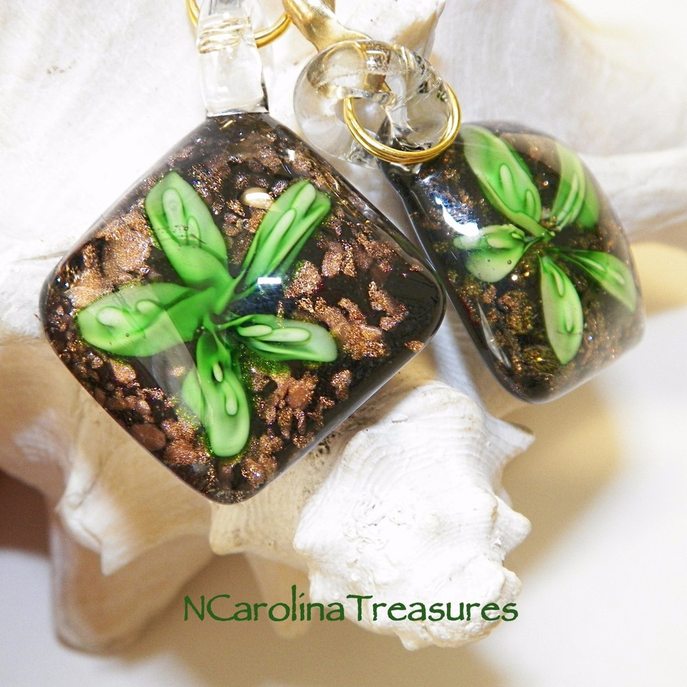 GLASS CEILING FAN LIGHT SWITCH PULL BLACK GLITTER GREEN FLORAL DIAMOND LARGE PR