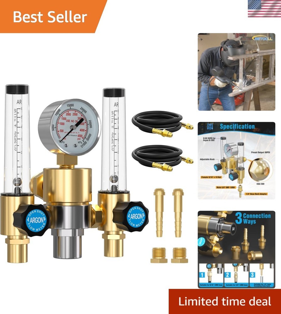 Wide Compatibility Dual Flow Meter Argon Regulator with Flow Indicator & Hoses