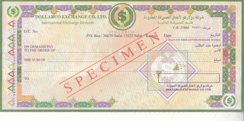 KUWAIT CHECK CHEQUE SPECIMEN DOLLAR CO EXCHANGE .  AU/UNC . PIN HOLS
