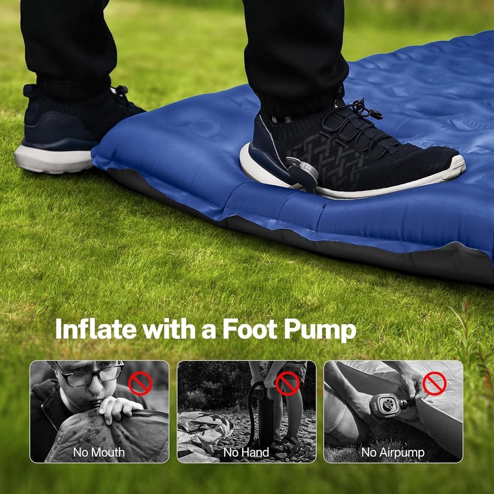 6" Extra-Thick Self-Inflating Camping Sleeping Pad with Pillows & Pump - Blue