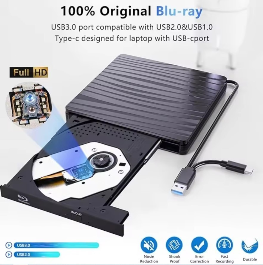 USB3.0 External Blu-ray Optical Drive for Laptop PC Windows 11/10 Mac 3D BD-RW