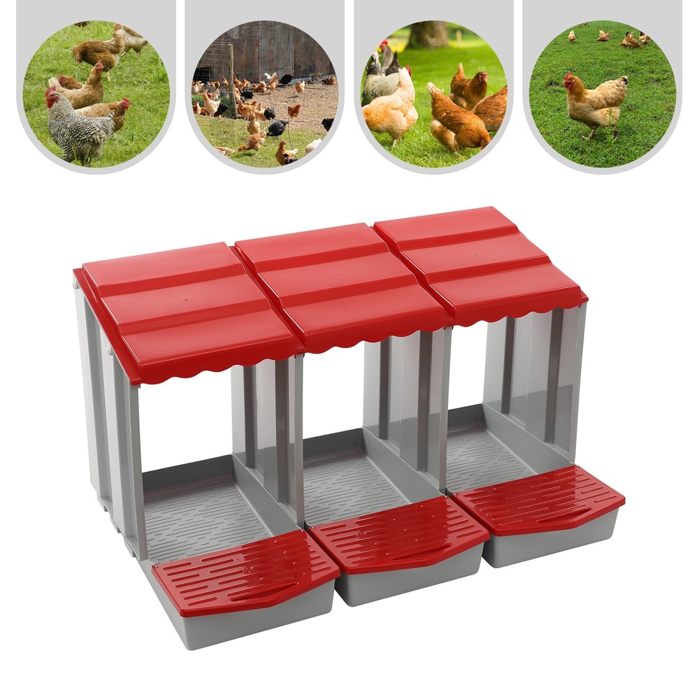3-Compartment Chicken Nesting Box, Chicken Laying Box with Egg Collection Red