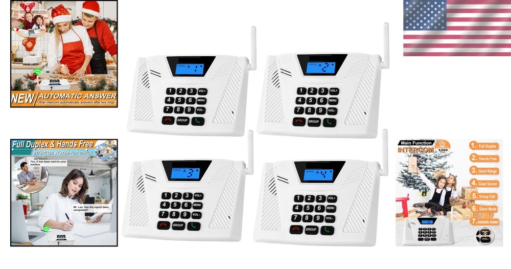 Wireless Home Intercom System 4 Pack Long Range Hands Free Two Way