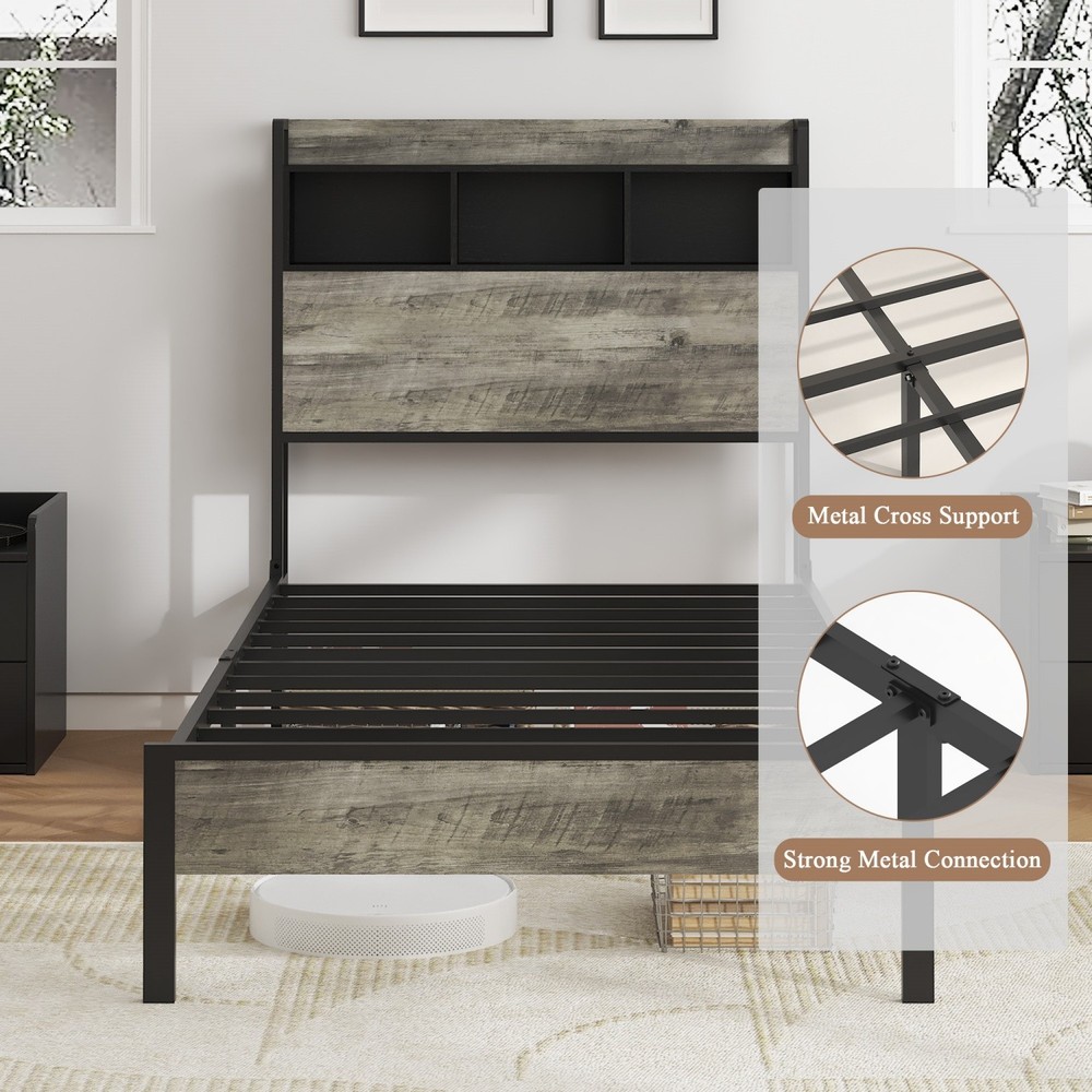 Twin/Full Size Bed Frame Metal Platform Bed with Storage Headboard & USB Port