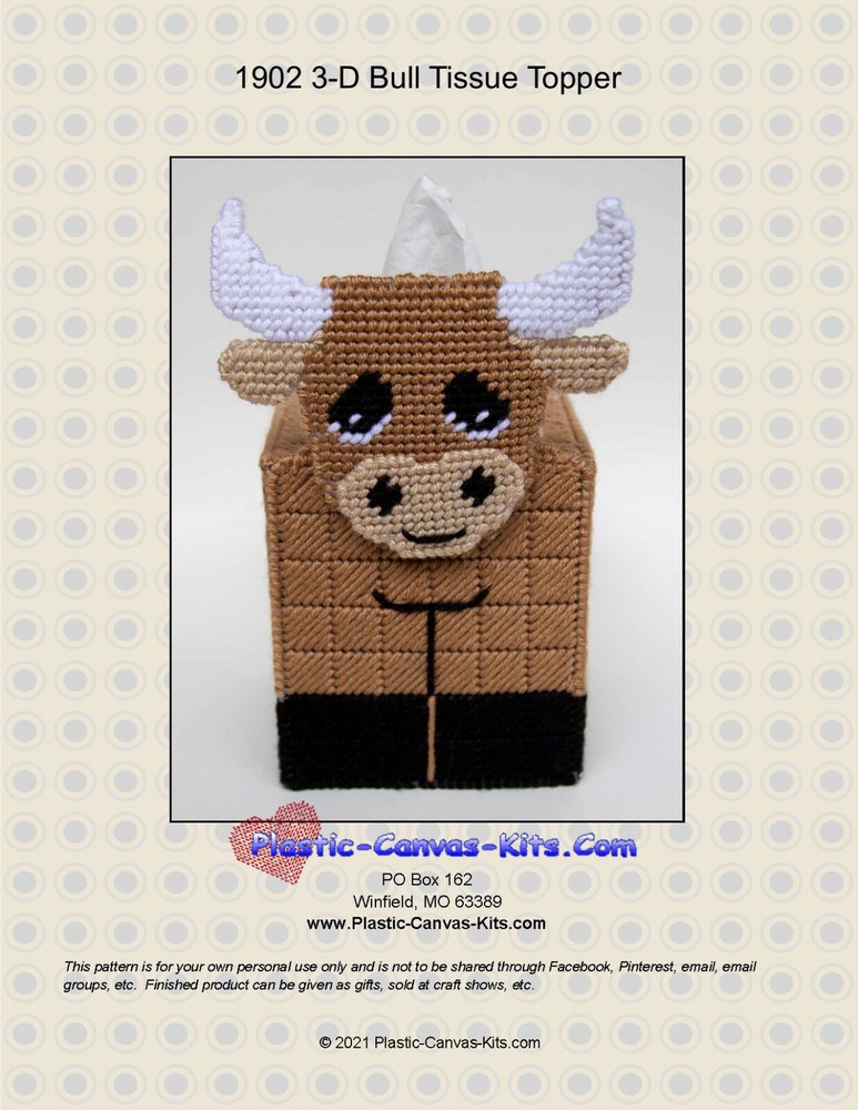 Bull 3-D Tissue Topper Plastic Canvas Pattern or Kit