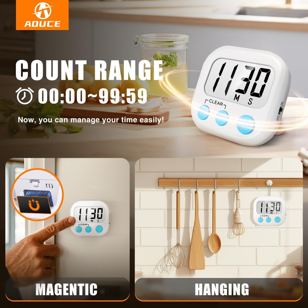 Digital Kitchen Timer with Display – for Cooking, Baking, and Grilling (White)