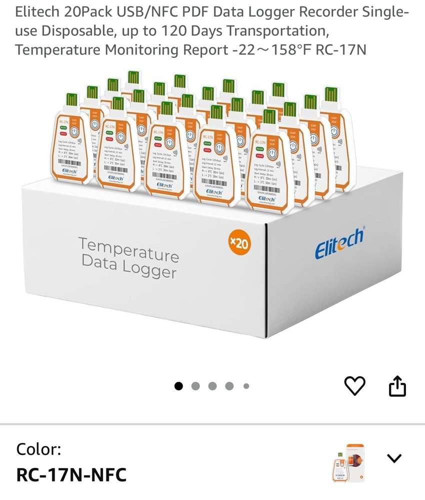 Elitech RC-17N USB PDF Temperature tracker Data Logger-22-158℉ Disposable 20pack