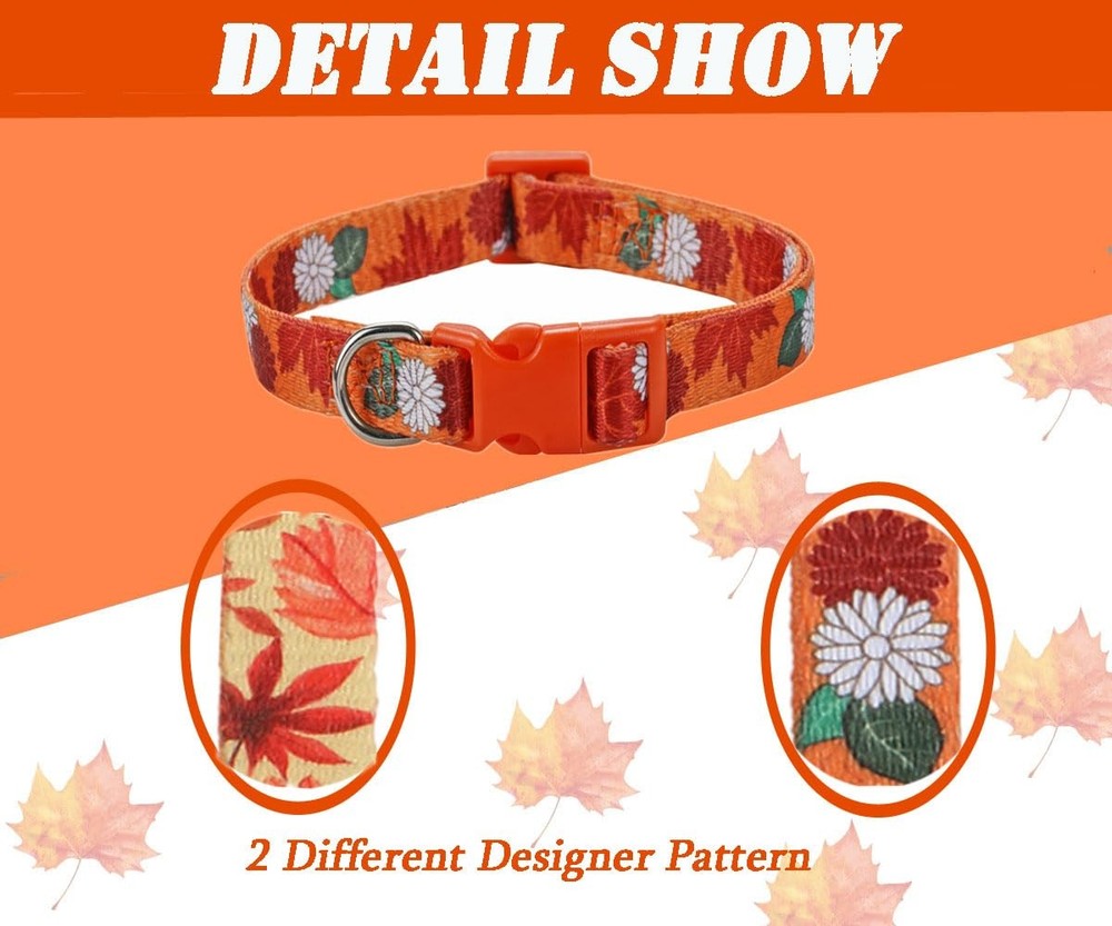 2 Pack Fall Dog Collars, Large, Thanksgiving, Maple, Flower, Adjustable, Soft
