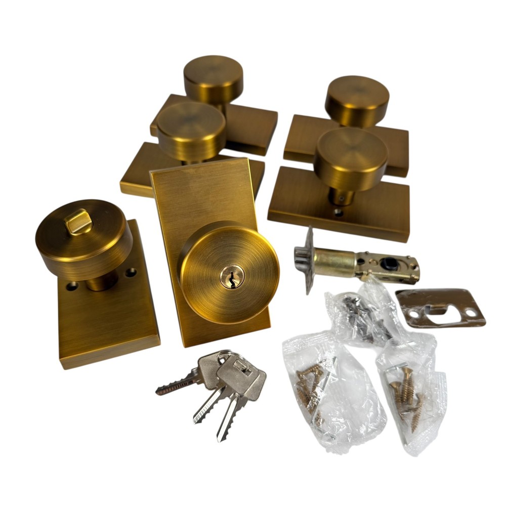 Front Door Door Lock w/ Key & 4 Matching Dummy Interior Door Knobs Antique Brass