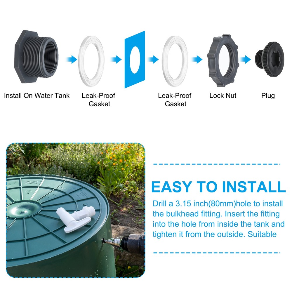 PVC Bulkhead Fitting with Plug G 2, Threaded Bulkhead Water Tank Connector, Grey