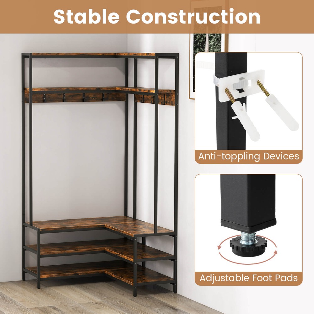 Corner Garment Rack W/ Open Shelves & 7 Hooks Shoe Bench Solid Metal Frame