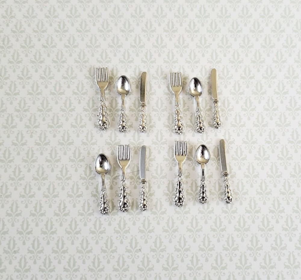 Dollhouse Miniature Silver Flatware Silverware Fancy 4 Place Settings 1:12 Scale