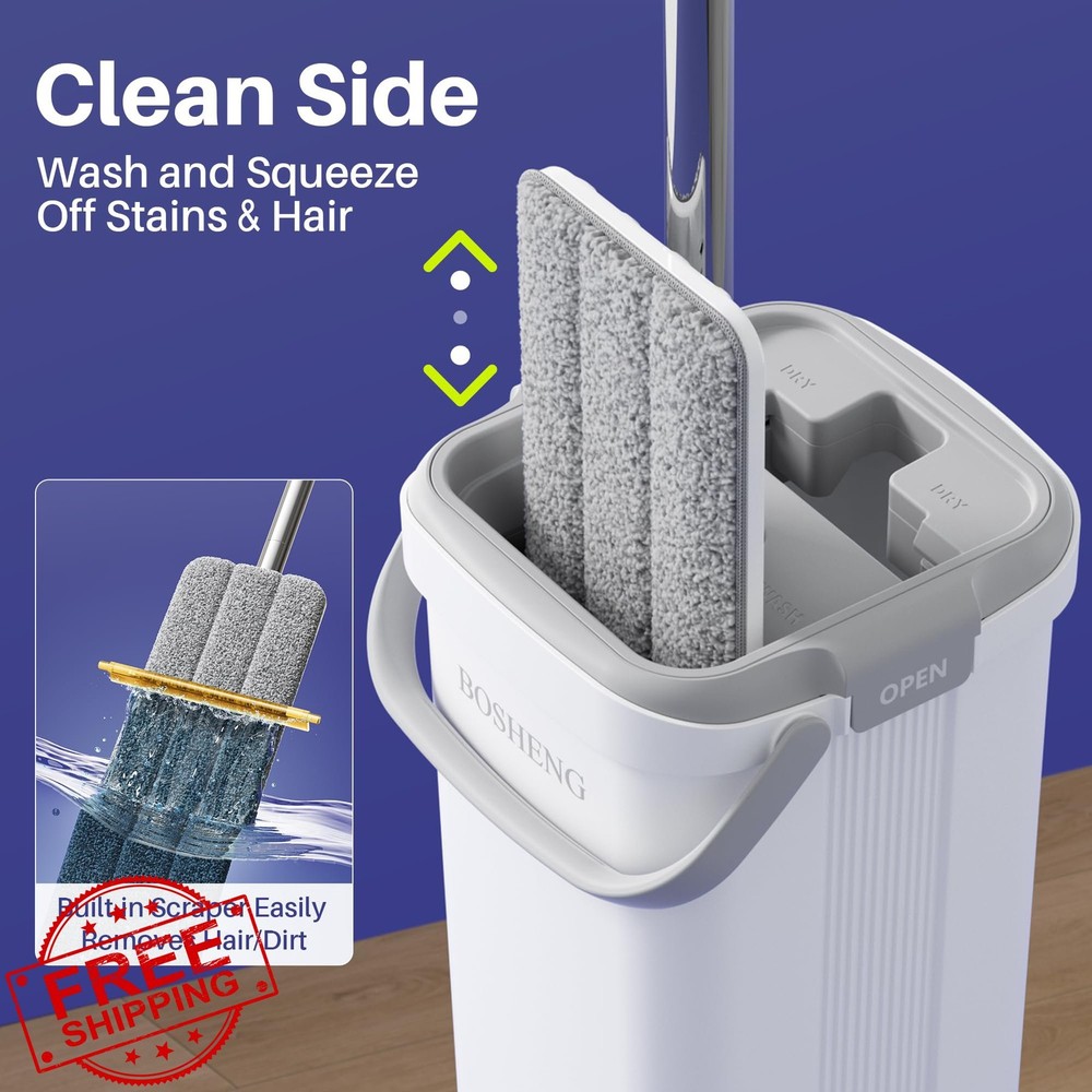 BOSHENG Flat Mop Bucket Set Extensible 60" Handle 2 Microfiber Pads