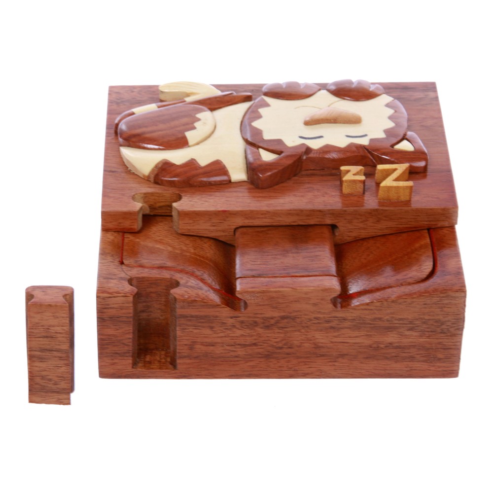 Wooden Rectangular Sleeping Kitty Secret Jewelry Puzzle Box - Sleeping Ca