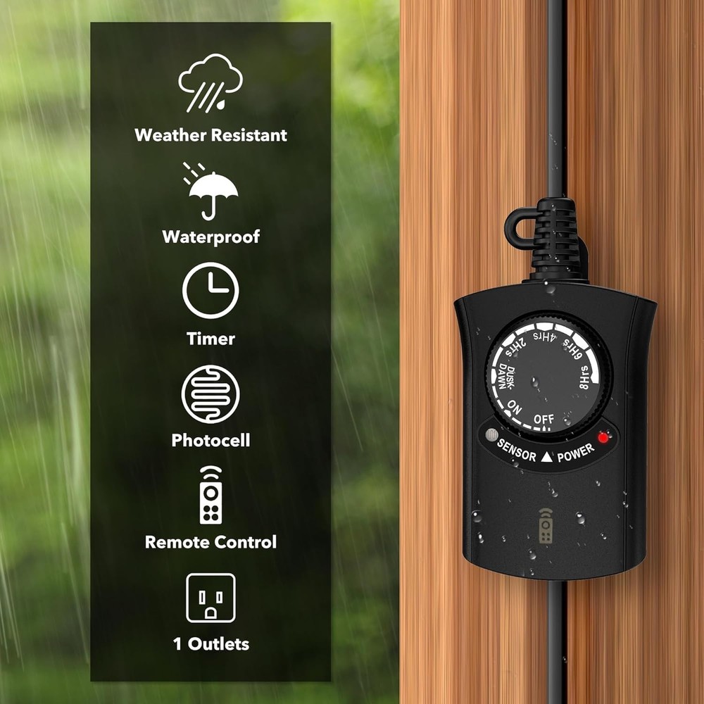 HBN Outdoor Light Timer with Remote Control, Waterproof Light Sensor Timer